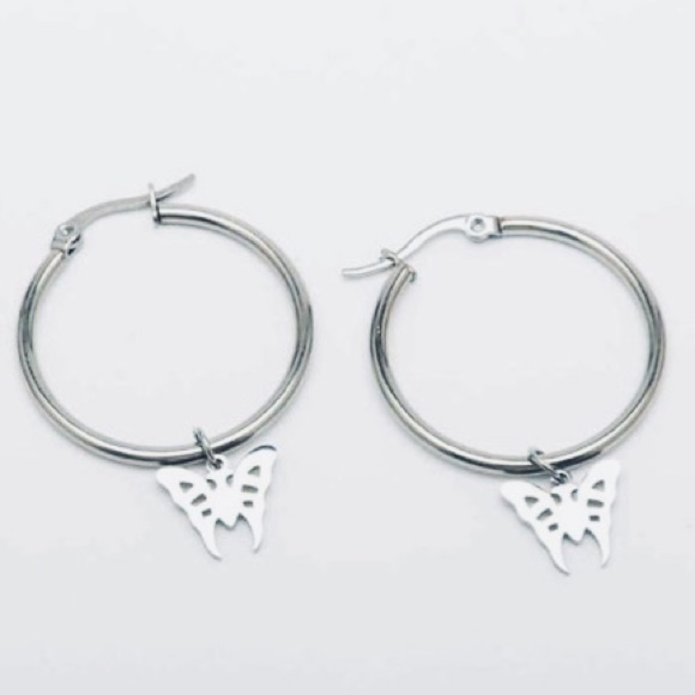 Hypoallergenic Stainless Steel Hoop Earrings with Butterfly Charms NEW
